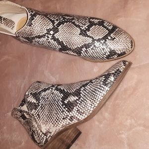 snakeskin booties, never worn
